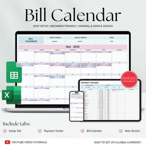 Könnte beinhalten: Ein Laptop, ein Tablet und ein Smartphone zeigen eine Rechnungskalender-Tabelle mit Registerkarten für Einrichtung, Zahlungsübersicht, Rechnungskalender und Notizbereich. Die Tabelle ist für eine einfache Einrichtung konzipiert und verwendet globale Währung. Der Text "Bill Calendar" wird oben im Bild in großer Schrift angezeigt.