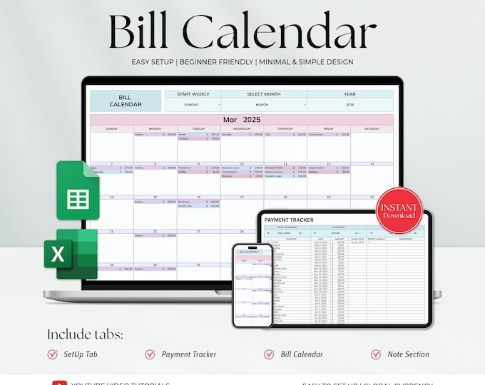 Bill Tracker Spreadsheet Google Sheets Excel Bill Calendar Monthly ...
