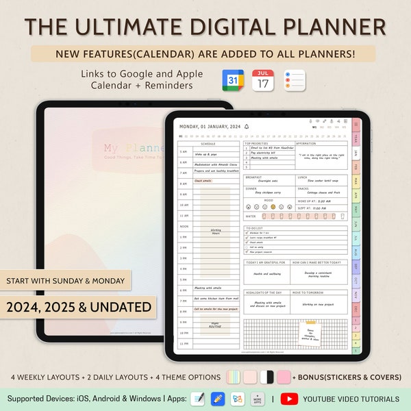 Planificateur numérique, Planificateur Goodnotes, 2024 2025 + Planificateur numérique non daté, Planificateur iPad, Planificateur Android | Planificateur quotidien, hebdomadaire et mensuel