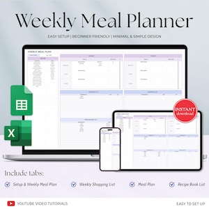 May include: A digital weekly meal planner displayed on a laptop, tablet, and smartphone. The planner has a minimalist design with sections for meal planning, shopping lists, and recipe organization. The text includes "Weekly Meal Planner" and "Instant Download."