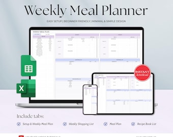 週間献立表（Google Sheets、Excel）、7日間献立表、週間食料品リスト、献立表（Excel）、自動買い物リスト