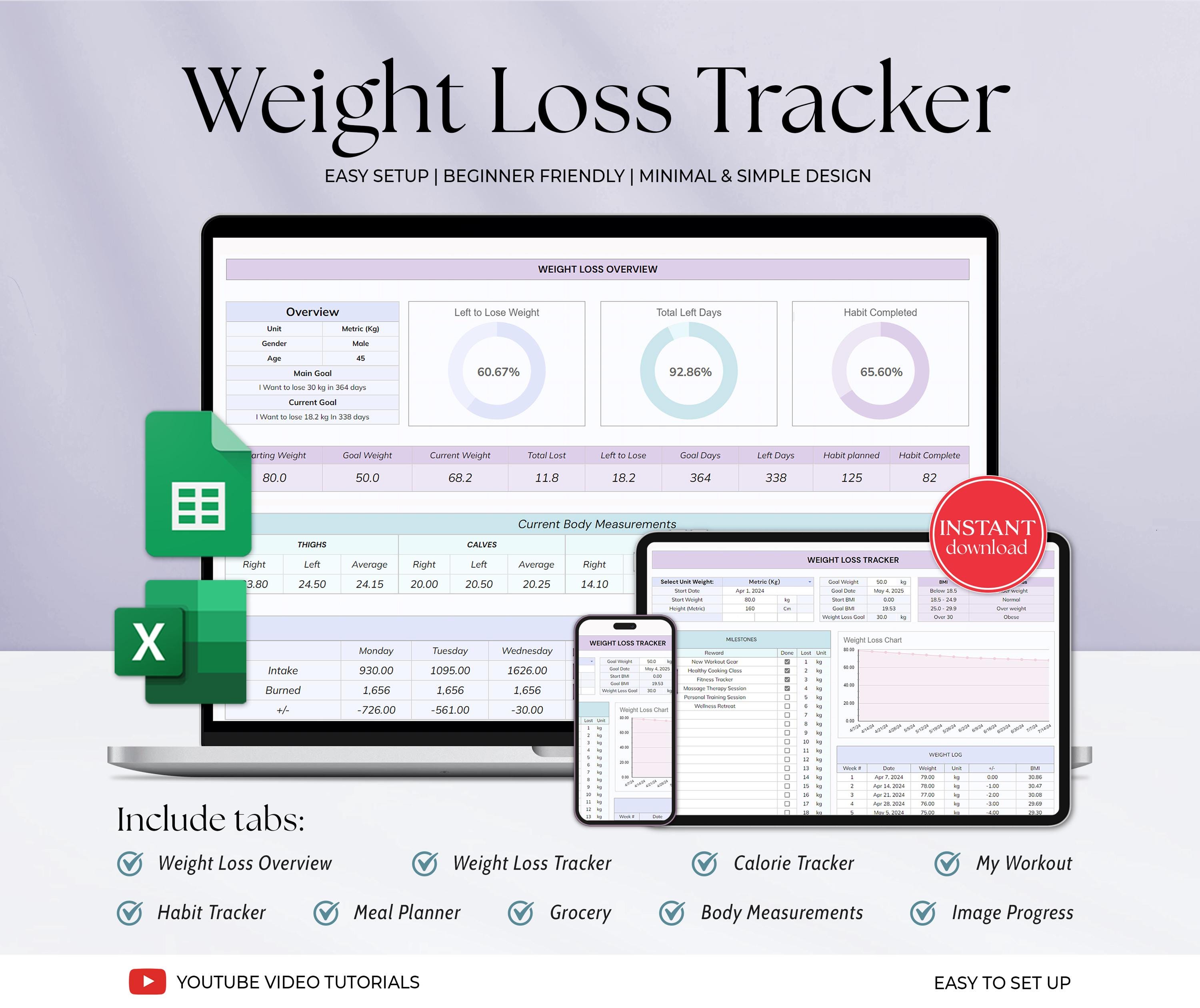Weight Loss Tracker Spreadsheet Google Sheets Excel Weight loss Tracker Daily Weekly Weight Loss Journal Health and wellness planner