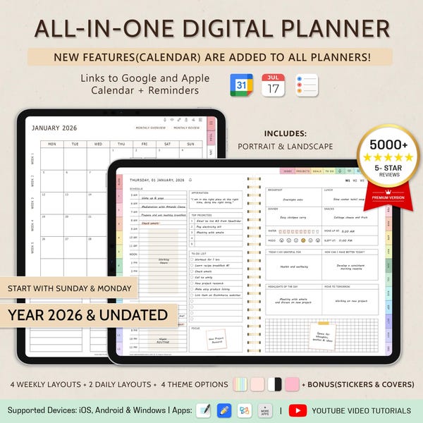2026 Digital Planner, Undated, GoodNotes, Notability, iPad (Digital Download)