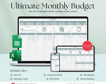 Ultimate Monthly Budget Spreadsheet Google Sheets Excel Template Debt Snowball Sinking Funds Subscription Tracker Income Expense Tracker