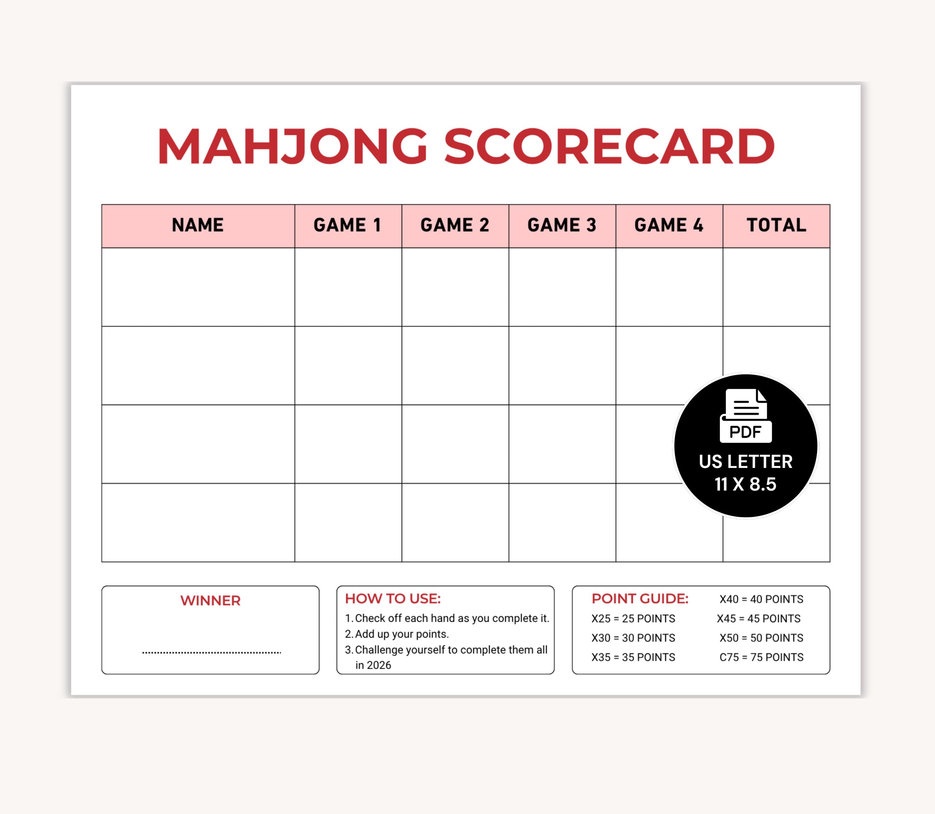 Mahjong Score Card.pdf 2026 Mahjong Hand Tracker, American Mahjong Printable, Mah Jongg ...