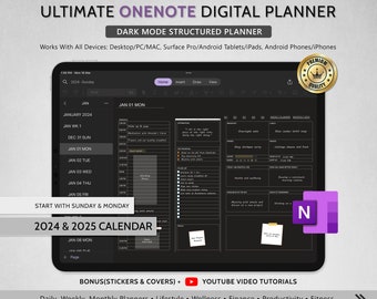 2024 2025 OneNote Digital Planner, szablon OneNote, hiperłącze OneNote Planner — iPad, Android, Windows, PC, MacBook, Surface pro, komputer