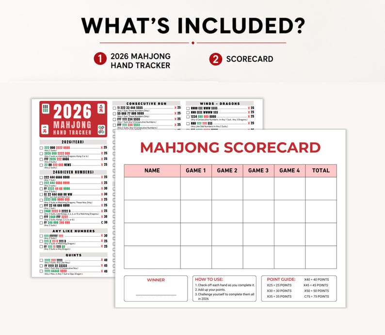 2026 Mahjong Hand Tracker, American Mahjong Printable, Mah Jongg, Mahjong scorecard, Mahjong tiles, Mahjong Game Night, PDF Digital Download

american mahjong,
mahjong cheat sheet,
mahjong scorecard,
NMJL card,
Mahjong Hand Tracker,
mahjong tiles ,
mahjong printable,
Mah Jongg,
mahjong hand tracker,
mahjong guide, 
mahjong Game Night,
2026 mahjohg,
mahjong card 2026
Stay organized and play with confidence using this premium 2026 Mahjong Hand Tracker printable.