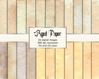May include: A set of 26 digital images of aged paper textures in various shades of beige and yellow. The images are 300 dpi resolution and are available in A4 and US sizes. The text "Aged Paper" is displayed in a decorative font.