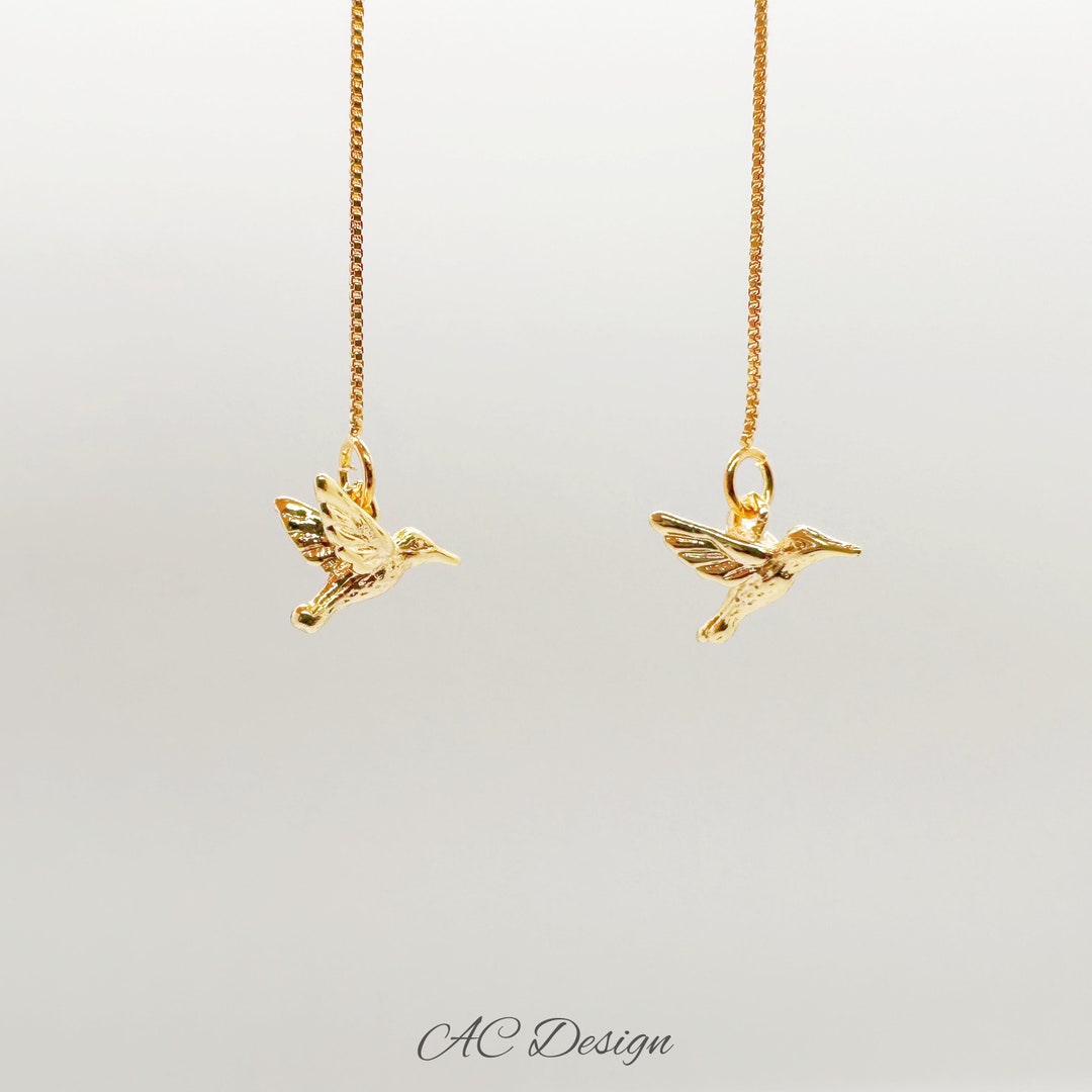 Hummingbird Earrings Bird Earrings Gold Threader Earrings Hummingbird