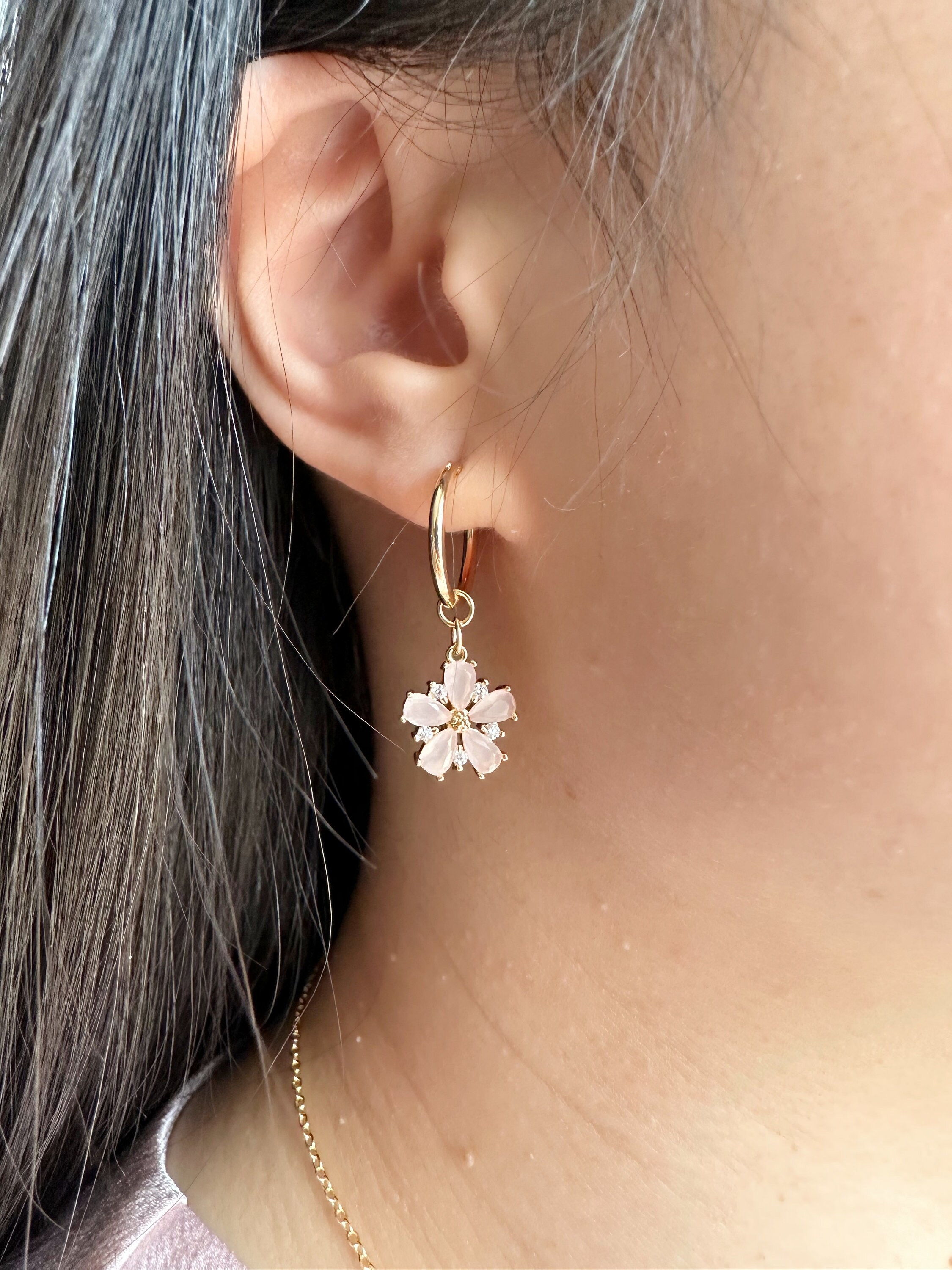 Pink Flower Earrings Dangle Drop Earrings Spring Earrings Etsy