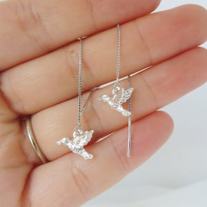 Hummingbird Earrings, Bird Earrings, Silver Threader Earrings, Hummingbird Lovers Gift, Mother&#39;s Day Gift, Gift for Her, Cute Bird Earrings
