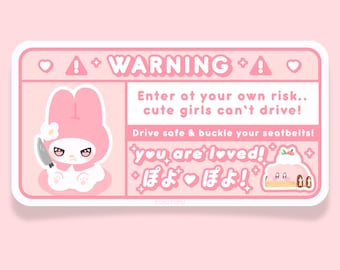 Pink Bunny Cute Car Warning Sticker | Car Decal, Airbag Label, Pink Kawaii Girls Car Accessories | Waterproof Vinyl Sticker | For Car Visor