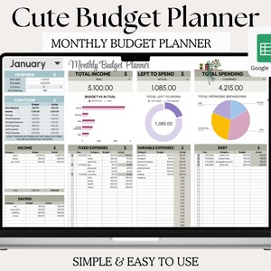 May include: A laptop screen displaying a monthly budget planner spreadsheet in Google Sheets. The spreadsheet is titled "January Monthly Budget Planner" and includes sections for income, expenses, savings, and debt. The spreadsheet also includes charts and graphs to visualize the data.