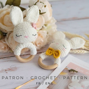 Crochet pattern - Rabbit rattle | girl and boy | PDF - French, English pattern | baby gift - toy | amigurumi PDF
