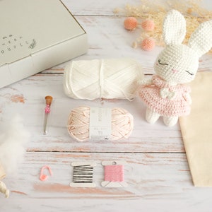 Crochet kit - rabbit doll | little girl | rabbit amigurumi kit | diy crochet cuddly toy | baby birth gift - toy - FR / ENG