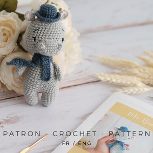 Crochet pattern - Hippo doll with hat | little boy | PDF - French, English pattern | baby gift - toy | amigurumi PDF