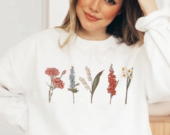 Custom Birth Month Birth Flower Sweatshirt, Gift for Mom, Plant Mom Gift, Gift for Grandmother, Cottagecore Sweater, Mothers Day Gift