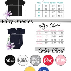 Puede incluir: Tabla de tallas para camisetas de ni&ntilde;os peque&ntilde;os y monos para beb&eacute;s. La tabla muestra las tallas, el ancho, la longitud y el peso en pulgadas. La tabla de colores muestra los colores disponibles: negro, blanco, gris deportivo, rojo, rosa, amarillo y azul real.