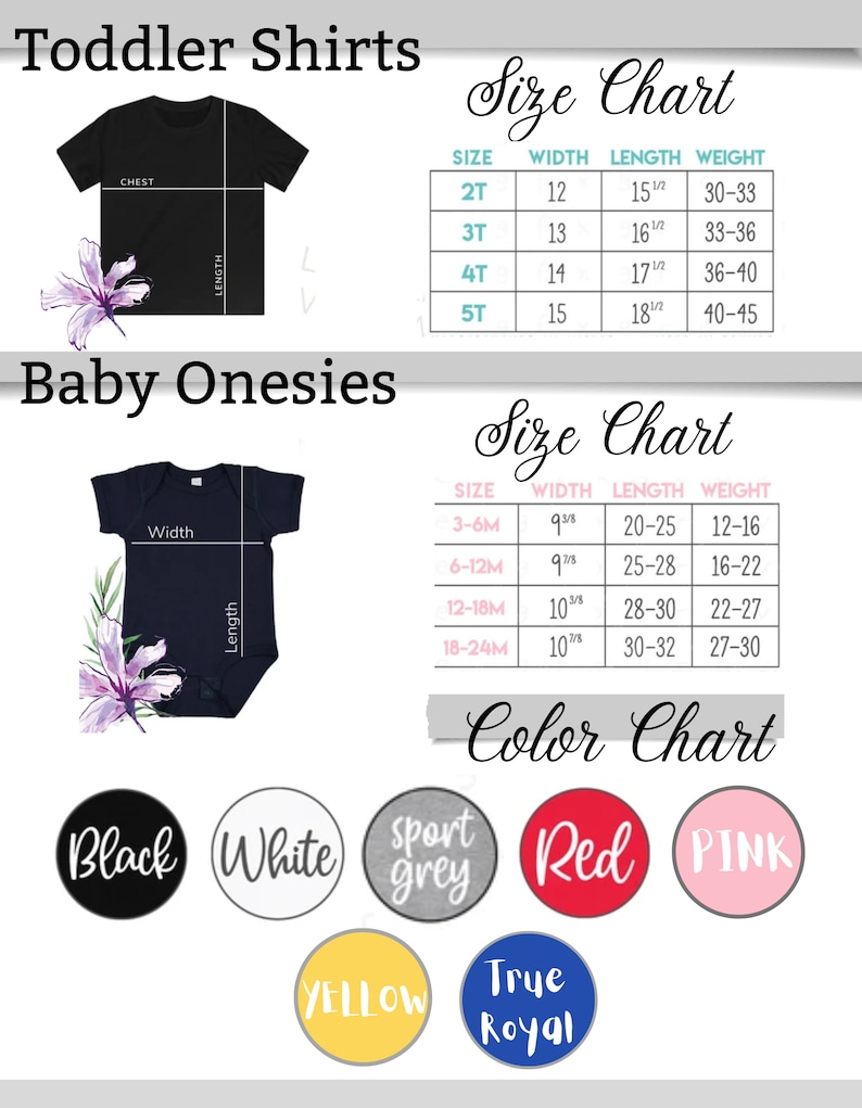 Puede incluir: Tabla de tallas para camisetas de ni&ntilde;os peque&ntilde;os y monos para beb&eacute;s. La tabla muestra las tallas, el ancho, la longitud y el peso en pulgadas. La tabla de colores muestra los colores disponibles: negro, blanco, gris deportivo, rojo, rosa, amarillo y azul real.