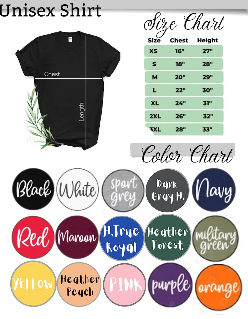 May include: Unisex shirt size chart with measurements in inches and color chart with 15 different color options. The chart includes colors like black, white, sport grey, dark grey heather, navy, red, maroon, true royal, heather forest, military green, yellow, heather peach, pink, purple, and orange.