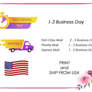 May include: A graphic showing processing time and shipping options for an item. The graphic includes a timer, a delivery truck, and a US flag. The text states that processing time is 1-3 business days. Shipping options include First Class Mail (2-5 business days), Priority Mail (1-3 business days), and Express Mail (1-2 business days). The graphic also states that the item is printed and shipped from the USA.