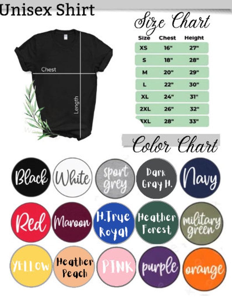 Puede incluir: Tabla de tallas para camisa unisex con medidas en pulgadas y tabla de colores con 15 opciones de colores diferentes. Los colores incluyen negro, blanco, gris deportivo, gris oscuro jaspeado, azul marino, rojo, granate, azul real H. True, verde bosque jaspeado, verde militar, amarillo, melocot&oacute;n jaspeado, rosa, morado y naranja.