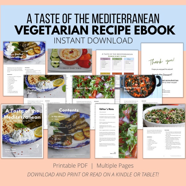 A Taste of the Mediterranean | Vegetarian Recipe E-Book with Grocery List | Vegetarian Mediterranean Digital Cookbook PDF | Letter 8.5 x 11"