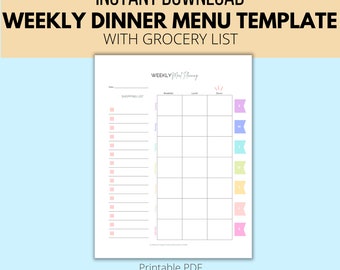 Weekly Dinner Menu Template with Grocery List Printable PDF | Rainbow Minimalist Weekly Meal Planner with Shopping List | 8.5" x 11"