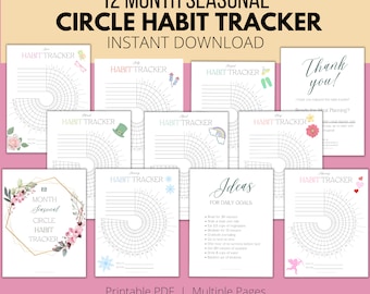 Cute 12-Month Seasonal Circle Daily Habit Tracker | Printable PDF US Letter 8.5" x 11" | Routine Tracking | Track Daily Habits