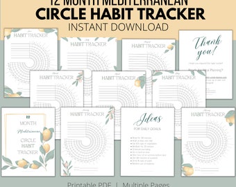 Elegant 12-Month Mediterranean Circle Daily Habit Tracker | Printable PDF US Letter 8.5" x 11" | Routine Tracking | Track Daily Habits