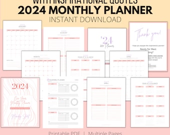 Printable 2024 Monthly Planner PDF with Inspirational Quotes | Year at a Glance 2024 Calendar PDF | Quarterly Planner PDF | 8.5" x 11"