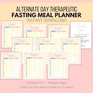 May include: Printable PDF meal planner for alternate day therapeutic fasting. The planner has a pastel color scheme with a light yellow background and includes multiple pages for weekly meal planning.