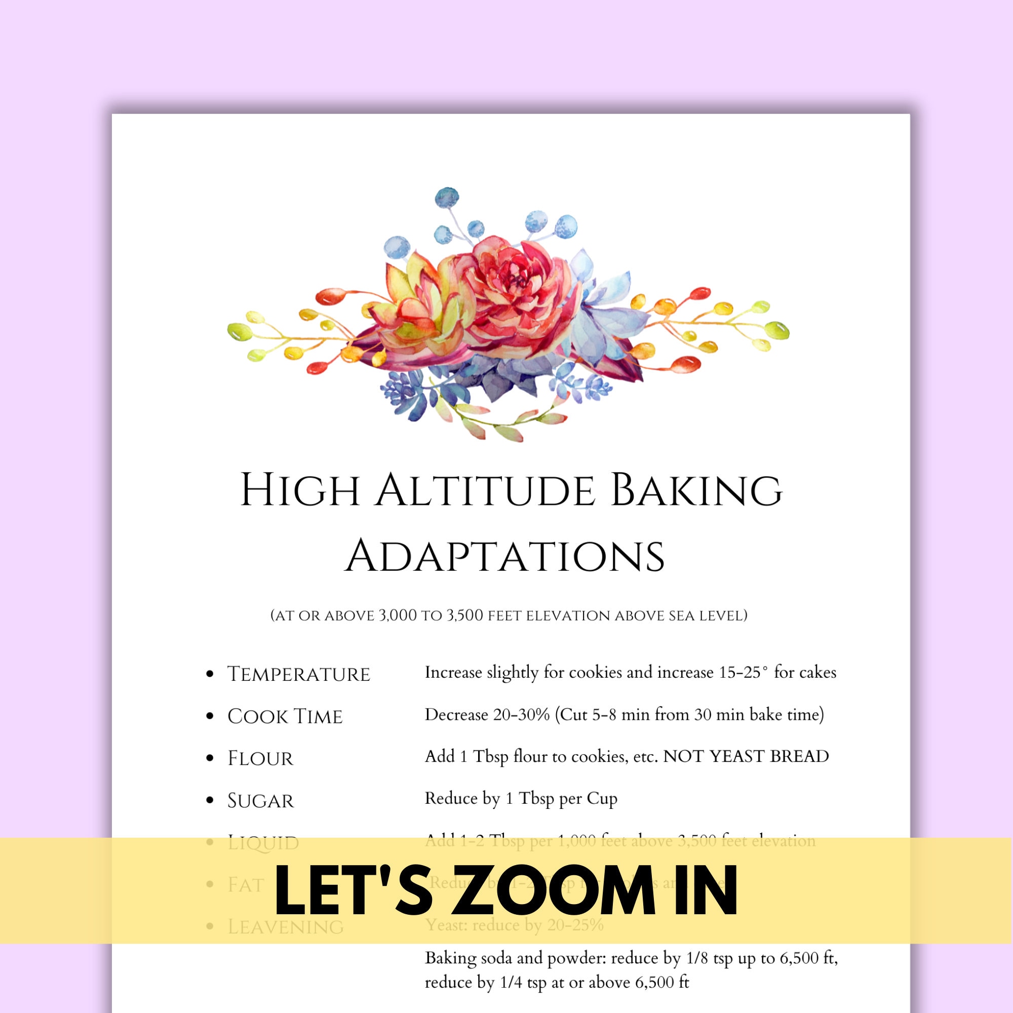 High Altitude Baking Adjustments Chart Printable PDF US Letter Size 8.5