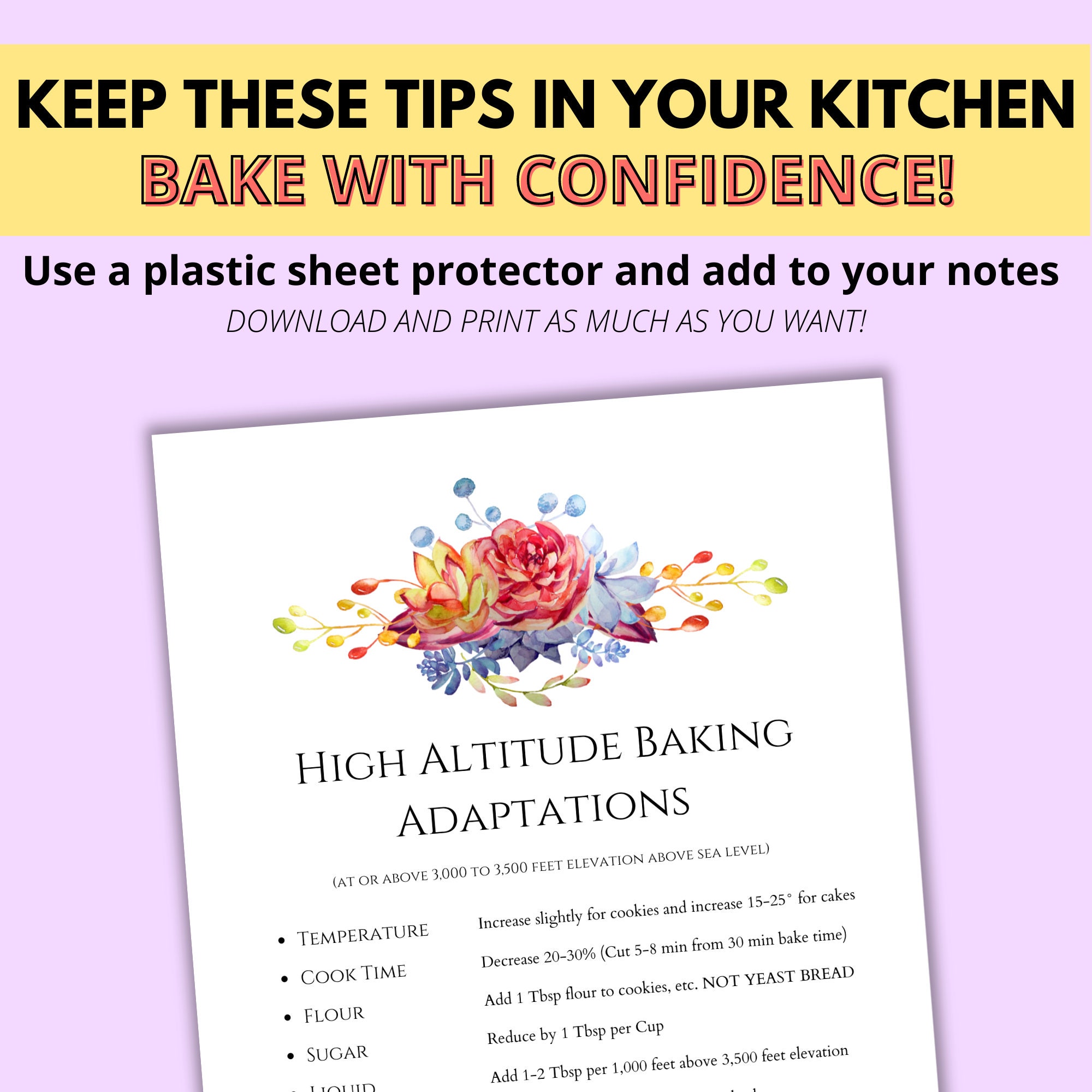 High Altitude Baking Adjustments Chart Printable PDF US Letter Size 8.5