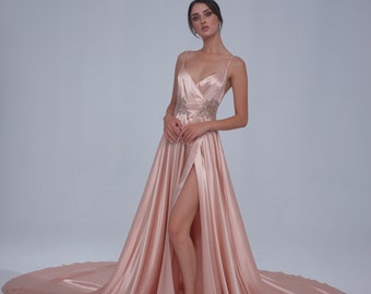 Pink Satin Gown,Prom Dresses ,Floor lenght evening dress,Tail dress,Deep slit gown