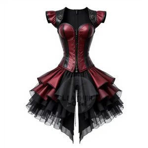 Gothic Steampunk Corset Dress – Black Burgundy Leather Look, Ruffled Skirt, Lace-Up Back, Victorian Burlesque Outfit