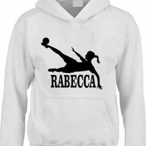Personalised Hoodie Football Striker Girl Women Kick Footballer Birthday Gift Sports Soccer Club Player Unisex Lady Fit or Kids Pullover Top