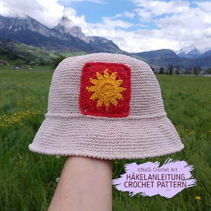 Crochet pattern, Panama hat, Summer Hat PDF, Sun Hat, Sun applique crochet hat, Bucket Hat Tutorial, Downloadable, in English and German