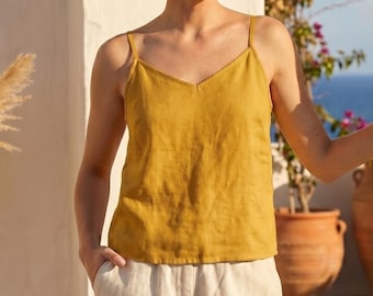 Top de tirantes de lino y algodón color mostaza para mujer, top de lino sin mangas, top minimalista de verano, blusa de lino sin mangas, top de tirantes finos, top de lino