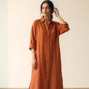 Rust Linen Cotton Shirt Dress for Women, Oversized Linen Midi Dress, Button Down Linen Dress, Relaxed Summer Dress, Minimalist Shirt Dress