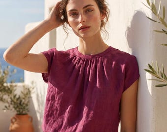 Red Plum Cotton Linen Top Women Lightweight Summer Blouse Minimalist Loose Fit Tee Breathable Casual Shirt Soft Gathered Neck Everyday Top