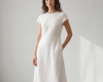 White Cotton Linen Midi Dress Cap Sleeve Minimal A Line Dress Structured Summer Dress Modest Midi Dress