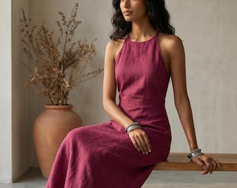 Linen Cotton Maxi Dress, Halter Neck Linen Dress, Minimalist Summer Dress, Linen Blend Vacation Dress, Elegant Resort Wear Maxi Dress