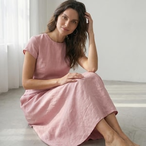 Dusky Pink Cotton Linen Midi Dress Cap Sleeve Minimal A Line Dress Structured Summer Dress Modest Midi Dress