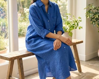 Kobaltblauwe linnen katoenen shirtjurk voor vrouwen, oversized linnen midi-jurk, button-down linnen jurk, ontspannen zomerjurk, minimalistische jurk