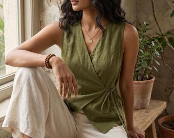 Olive Green Wrap Top: Linen Cotton Blend, Sleeveless Summer Blouse