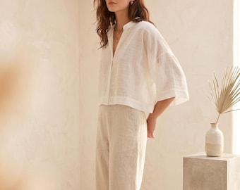 Chemise décontractée en lin : épaules tombantes surdimensionnées (chemisier d'été léger)