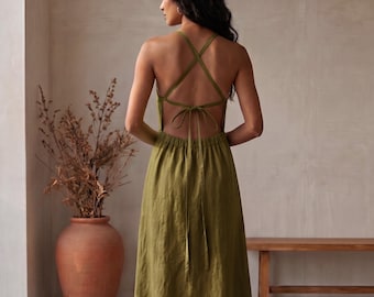 Olive Green Linen Cotton Halter Dress, Backless Maxi Dress, Open Back Linen Dress, Linen Blend Summer Dress