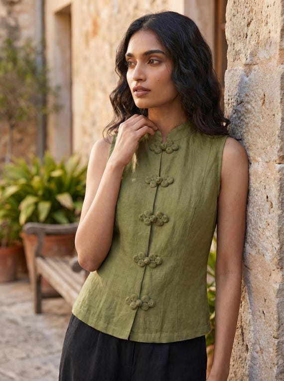 Olive Green Linen Cotton Mandarin Collar Top, Sleeveless Linen Blend Blouse, Minimalist Button Front Top, Chinese Knot Linen Top, Summer Top
