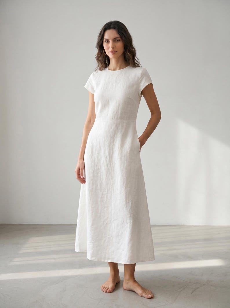 May include: A white linen dress with a round neckline and short sleeves. The dress has a fitted bodice and a flared skirt, with pockets on each side. The model is wearing the dress in a studio setting.